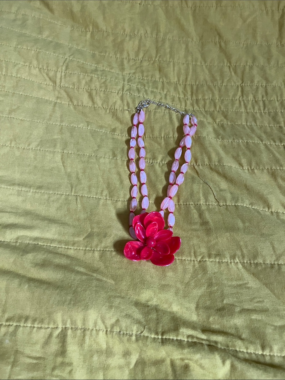 Pink Beaded Necklace with Large Pink Flower Pendant